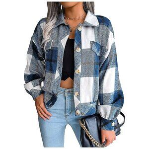 Women's Fall Fashion Cropped Shacket Plaid Jackets Coat-Blue Plaid